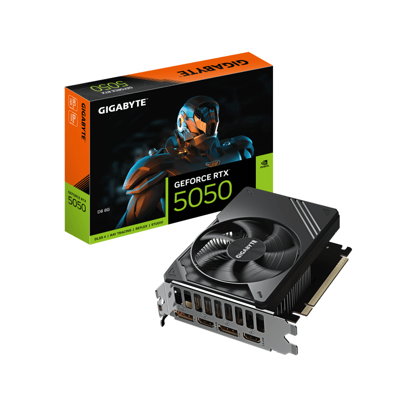GIGABYTE GeForce RTX 5050 D6 8G. Graphics processor family: NVIDIA, Graphics processor: GeForce RTX 5050, Processor frequency: 2572 MHz. Discrete graphics card memory: 8 GB, Graphics card memory type: GDDR6, Memory bus: 128 bit, Memory clock speed: 20000 MHz. Maximum resolution: 7680 x 4320 pixels