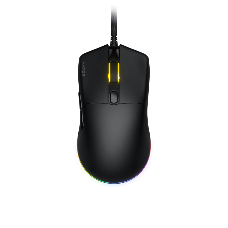 Mouse gaming cu fir Hator Pulsar 3, conectivitate USB, polling rate pana la 1000Hz, senzor Optical PixArt PMW 3311, rezolutie maxima 12000 DPI, switch HATOR® Optical 100M, iluminare RGB 16.8M culori, side switch Kailh 3M, negru