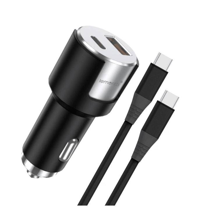 Incarcator auto Lemontti Fast Charge 1 x port PD Type-C 20W + 1 x port USB-A QC 3.0 18W cu cablu Type-C la Type-C 20W, lungime 1m, Negru/Argintiu