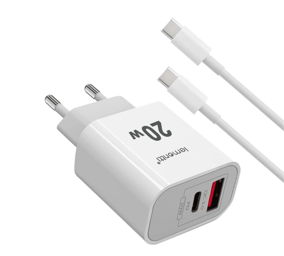 Lemontti Set Incarcator Retea Fast Charge 20W 1 x PD Type-C + 1 x USB-A Quick Charge 3.0 si cablu Type-C-Type-C 20W 1m Alb