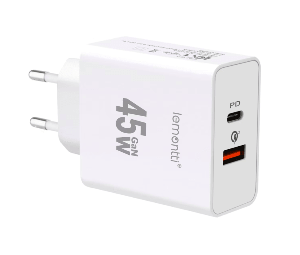 Lemontti Incarcator Retea GaN Fast Charge 45W 1 x PD Type-C + 1 x USB-A Quick Charge 3.0 Alb