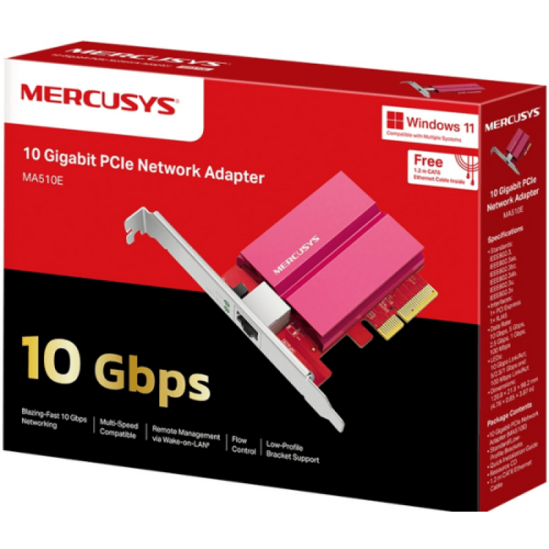 10 Gigabit PCIe Network Adapter SPEED: 10 Gbps SPEC: 1×RJ45,  Full-Height Bracket/Low-Profile Bracket FEATURE: Multi-Speed Compatibility, Wake on LAN, Flow Control
