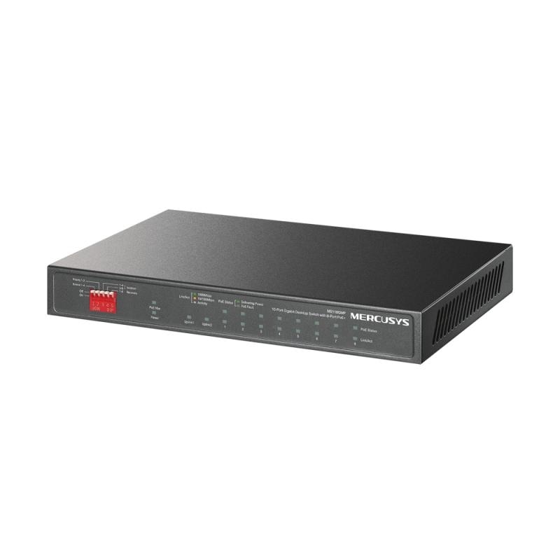 Switch desktop Mercusys 8× 10/100/1000 Mbps PoE+ Ports, 2× 1000 Mbps RJ45 Ports, AUTO Negotiation, AUTO MDI/MDIX, 10BASE-T: UTP category 3, 4, 5 cable (maximum 100m), EIA/TIA-568 100Ω STP (maximum 100m), • EIA/TIA-568 100Ω STP (maximum 100m), 1000BASE-T: UTP category 5, 5e, 6 or above cable (maximum