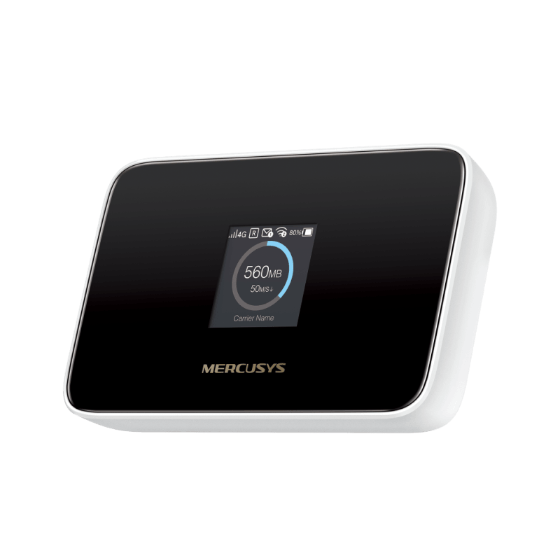 150Mbps 4G LTE Mobile Wi-Fi Build-In 150Mbps 4G LTE Modem SPEED: 287 Mbps at 2.4 GHz, 4G Cat4 150/50 Mbps SPEC: 1.44 Inch Screen Display, FDD-LTE (B1/B3/B5/B7/B8/B20/B28), TDD- LTE (B38/B40), HSPA+/UMTS (B1/B5/B8) FEATURE: Wi-Fi 6, MERCUSYS App, Build-In 2400 mAh Rechargeable Battery