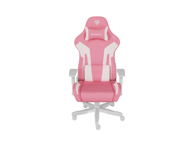 Scaun gaming Genesis Nitro 710, material piele ecologica, reglabil pe inaltime, greutate maxima suportata 150 kg, inaltime scaun reglabil 47.5 - 54.5 cm, spatar ajustabil 135°, dimensiuni roti 60mm,  echipat cu piston cu gaz clasa 4, manere 2D, roz/alb