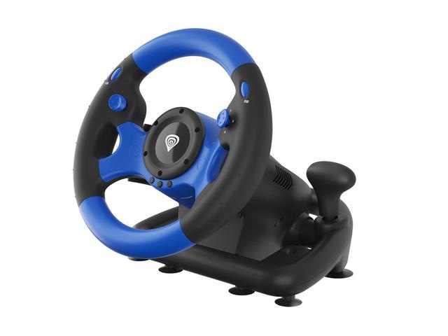 Volan Genesis cu fir Seaborg 350, interfata USB, 15 butoane, rotatie 180°, lungime cablu 200cm, compatibil cu Microsoft XBOX 360, XBOX One, Microsoft XBOX Series S, Microsoft XBOX Series X, Nintendo Switch, PC. Sony PlayStation 3, Sony PlayStation 4, negru/albastru