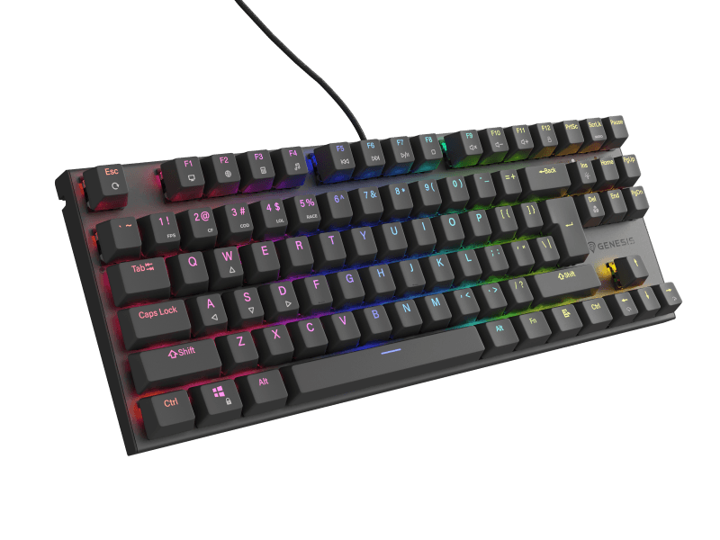 Tastatura gaming mecanica cu fir Genesis Thor 303 TKL, iluminare RGB, switch Linear, switch model Outemu Red, numar taste 87, 11 butoane multimedia, lungime cablu 1.8m, dimensiuni 355 x 136 x 36 mm, negru
