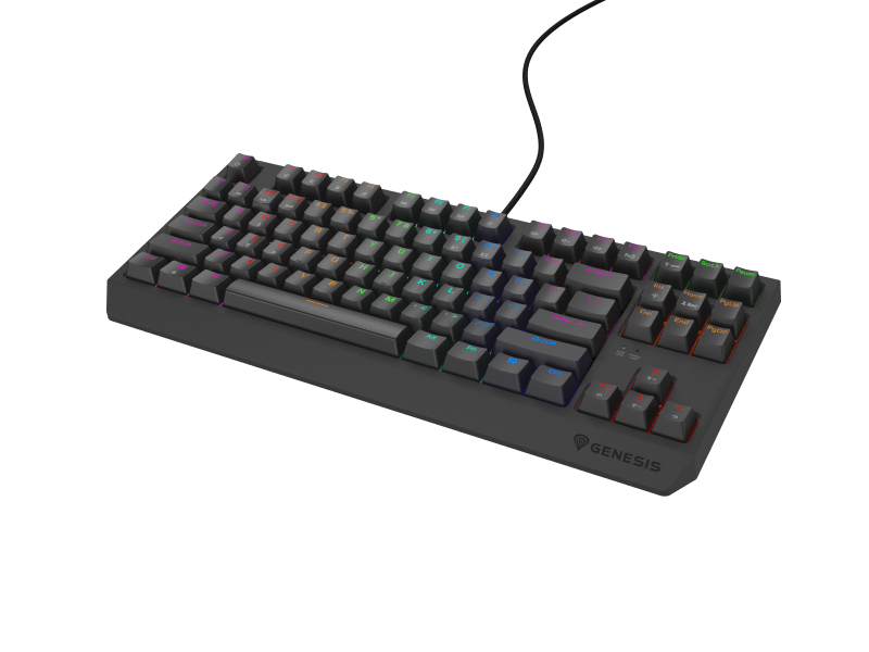 Tastatura gaming mecanica cu fir Genesis Thor 230 TKL Lite, iluminare multicolor, switch Linear, switch model Outemu Red, numar taste 87, 11 butoane multimedia, lungime cablu 1.6m, dimensiuni 363 x 155 x 39 mm, negru