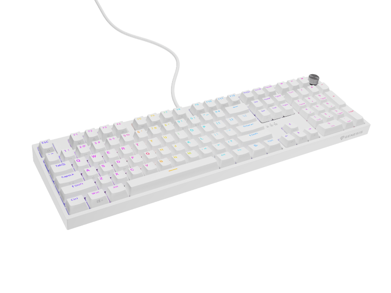 Tastatura gaming mecanica cu fir Genesis Thor 404, iluminare RGB, switch Linear, switch model Gateron Yellow Pro, numar taste 107, 11 butoane multimedia, lungime cablu 1.8m, dimensiuni 439 x 133 x 41 mm, alb
