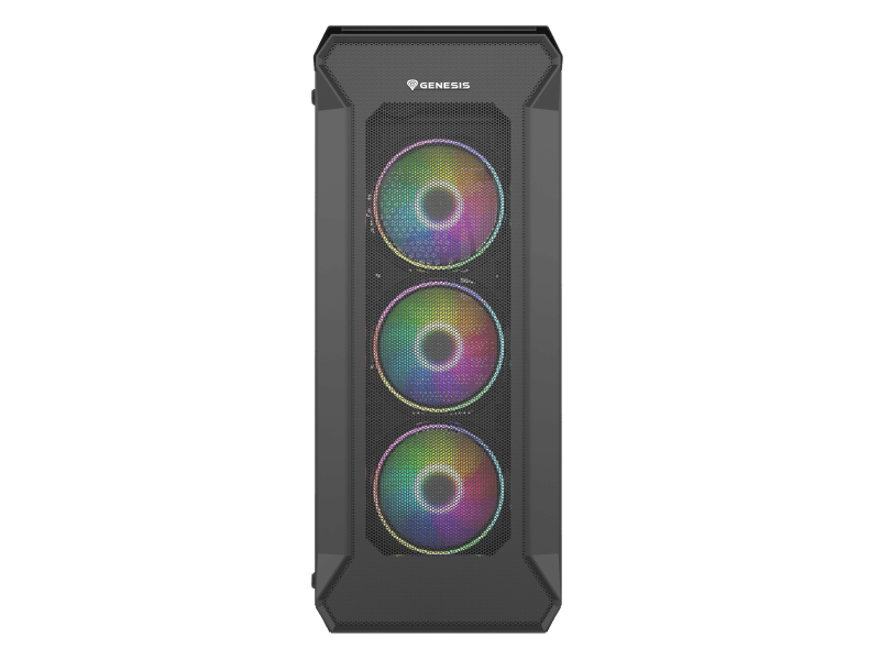 Carcasa GENESIS IRID 505 V2 Mid Tower ARGB NEGRU, Tempered Glass, Sloturi Expansiune 8, Drive Bays: 2x3.5" 7x2.5", Ventilatoare Suportate: 6 (spate: 1x120mm, fata: 3x120mm sau 2x140mm, sus: 2x120mm sau 2x140mm), Ventilatoare Incluse: 4 (4x120mm OXAL ARGB), Format Placa De Baza Suportat: Mini-ITX