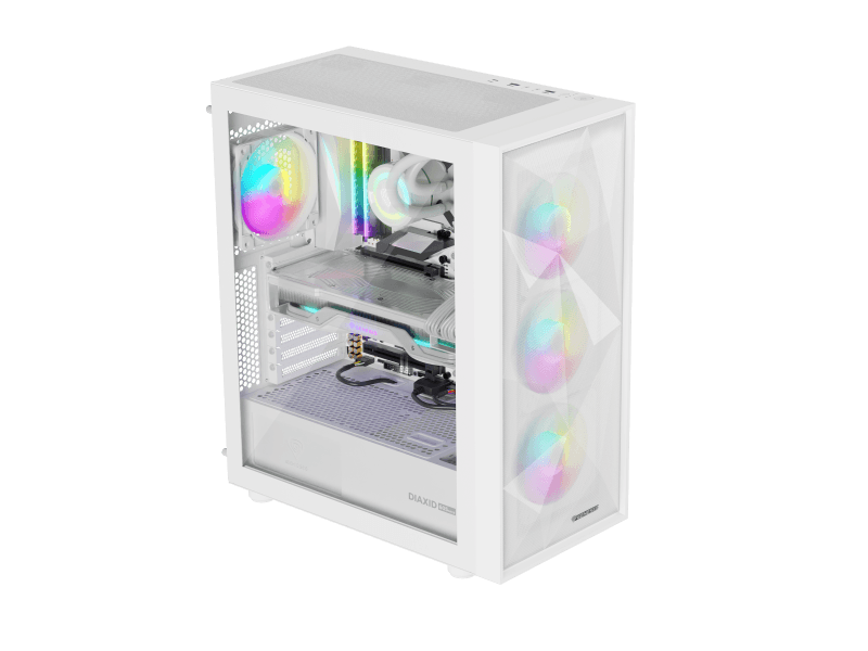 Carcasa GENESIS DIAXID 605 Mid Tower ARGB ALB, Tempered Glass, Sloturi Expansiune 7, Drive Bays: 2x3.5" 3x2.5", Ventilatoare Suportate: 8 (spate: 1x120mm, fata: 3x120mm sau 3x140mm, sus: 2x120mm sau 2x140mm, jos: 2x120mm), Ventilatoare Incluse: 4 (spate: 1x120mm, fata: 3x120mm), Format Placa De Baza