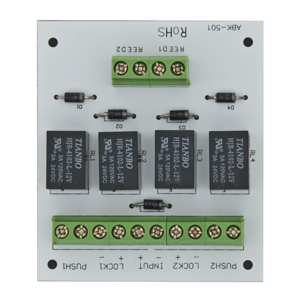 Modul electronic pentru doua usi cu incuietori tip fail-safe cu monitorizare sau buton.