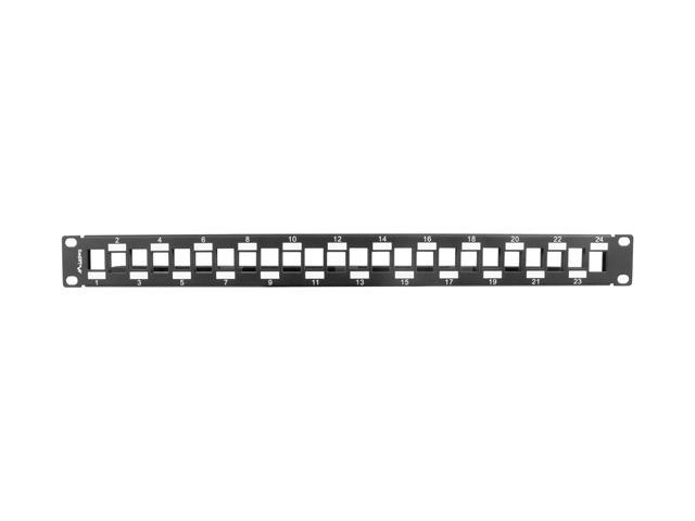Patch panel gol 24 porturi 1U eșalonat cu organizator pentru module Keystone, negru
