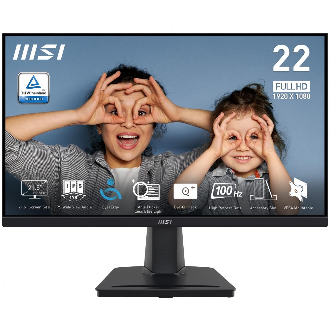 Monitor MSI 21.5" PRO MP225, Diagonal (inch): 21.5, Diagonal (cm): 54.5, Aspect ratio: 16:9, Panel: IPS, Resolution: 1920x1080, Refresh Rate: 100Hz, Response time GtG: 4ms, Response time MPRT: 1ms, Brightness (max): 250 cd/㎡, Contrast (static) : 1300:1, Viewing angle: 178°/178°