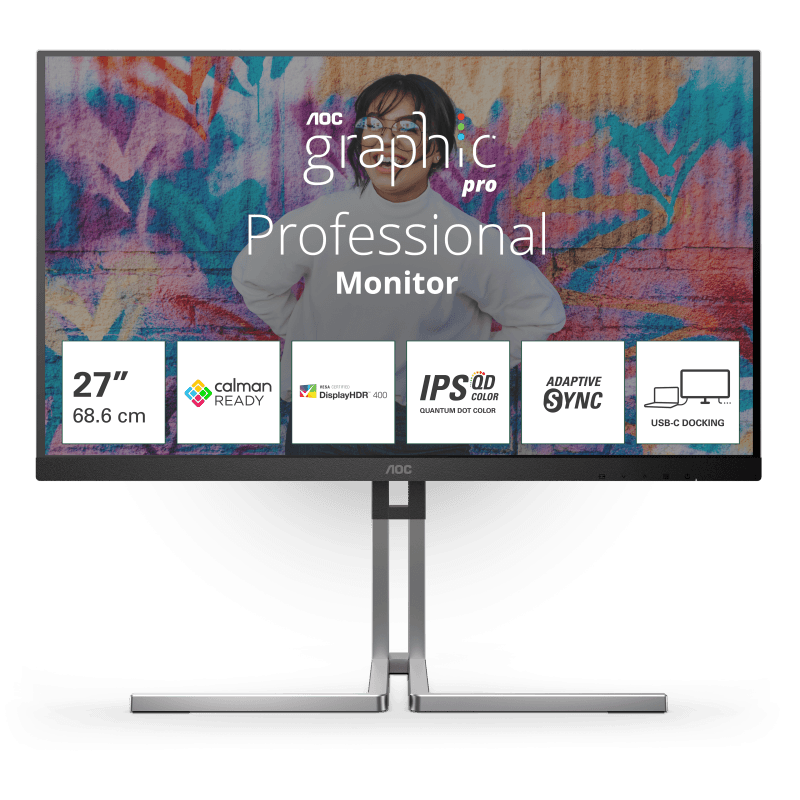 "Monitor AOC 27"" Q27U3CV, Diagonal (inch): 27, Diagonal (cm): 69, Aspect ratio: 16:9, Panel: QD-IPS, Resolution: 2560x1440, Refresh Rate: 75Hz, Response time GtG: 4ms, Brightness (max): 420 cd/m², Contrast (static) : 1000:1, Contrast (dynamic): 50M:1, Viewing angle: 178/178, Color Gamut Type