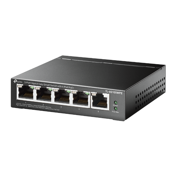 "5-Port Gigabit Easy Smart Switch with 4-Port PoE+ PORT: 4× Gigabit PoE+ Ports, 1× Gigabit Non-PoE Ports SPEC: 802.3af/at, 120 W PoE Power, Desktop Steel Case FEATURE: PoE Auto Recovery, MTU/Port/Tag-based VLAN, QoS, IGMP Snooping, Web/Utility Management, Plug and Play"