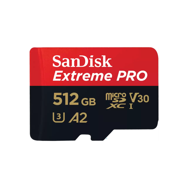 SanDisk Extreme PRO. Capacity: 512 GB, Flash card type: MicroSDXC, Flash memory class: Class 10, Internal memory type: UHS-I, Read speed: 200 MB/s, Write speed: 140 MB/s, UHS Speed Class: Class 3 (U3), Video Speed Class: V30. Protection features: Shock resistant,  Temperature proof, Water resistant