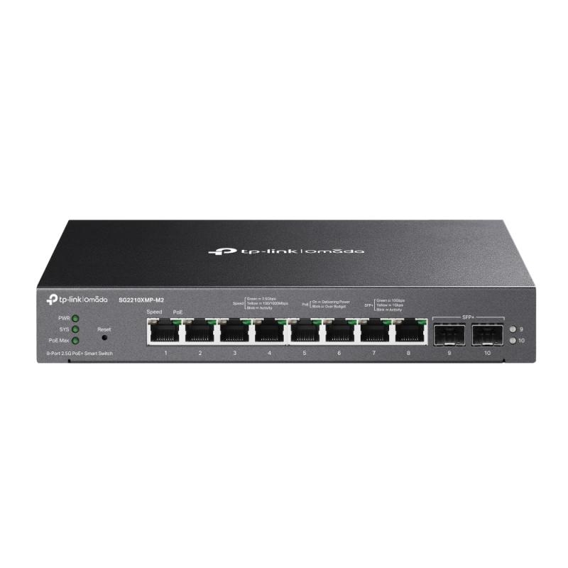 Omada 8-Port 2.5GBASE-T and 2-Port 10GE SFP+ Smart Switch with 8-Port PoE+ PORT: 8× 2.5G PoE+ Ports, 2× 10G SFP+ Slots SPEC: 802.3at/af, 160 W PoE Power, Desktop & Fanless Steel Case FEATURE: Integration with Omada SDN Controller, Static Routing, 802.1Q VLAN, STP/RSTP/MSTP, IGMP Snooping