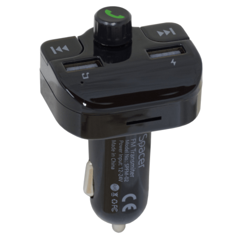 Modulator autor FM Spacer, Bluetooth 5.0, 2xUSB max. 5V/3.1A, 12V-24V, max. 10-15m, mic max. 0-1m, format MP3/WMA, 206 canale 87.5-108Mhz, USB disk, microSD, answer/hang up/redial, protectie circuit, negru