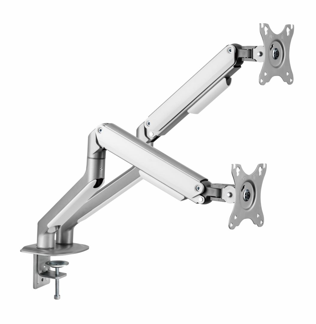 Suport 2 monitoare Serioux MM63-C024, arc cu gaz, compatibilitate dimensiune ecran 17"-32",  greutate maximă suportata: (per ecran): 2~ 9kg, VESA: 75x75, 100x100, inclinare: +55°~-55°, pivotare: +90°~-90°, rotația ecranului: +180°~-180°