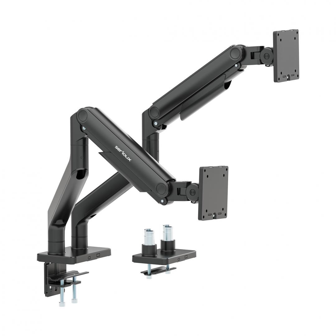 Suport 2 monitoare Serioux MM74-C024, tehnologie arc, compatibilitate  dimensiune ecran 17"-45", greutate maximă suportata: (per ecran): 20kg, VESA: 75x75, 100x100, inclinare: +50°~-20°, pivotare: +90°~-90°