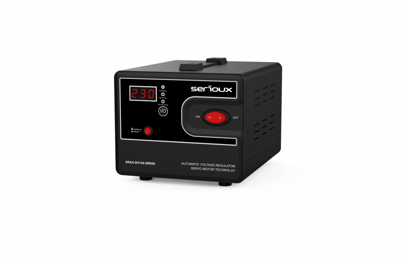 Stabilizator de tensiune Serioux Servo 124-500VA, putere 500VA/300W, tip servo motor, transformator toroidal+ Servo motor, interval tensiune intrare 150V ~ 260V, interval frecvența intrare 45Hz ~ 65Hz, tensiune de ieșire 230V, precizie de ieșire ±3%, prize: 1x Schuko, distorsiuni  <3%, eficienţă