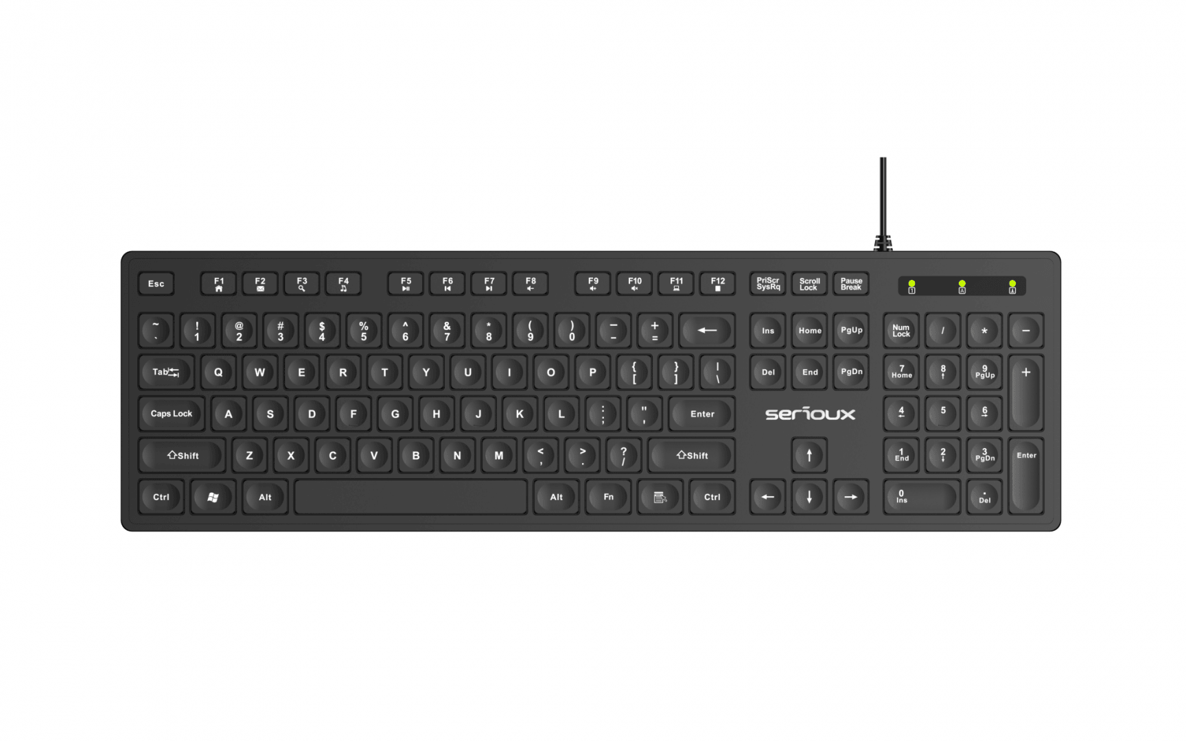 Tastatura Serioux cu fir, interfata USB, 104 taste, material ABS, US Layout, lungime cablu 1.5m PVC, dimensiuni 429*128*20mm; 416g, negru