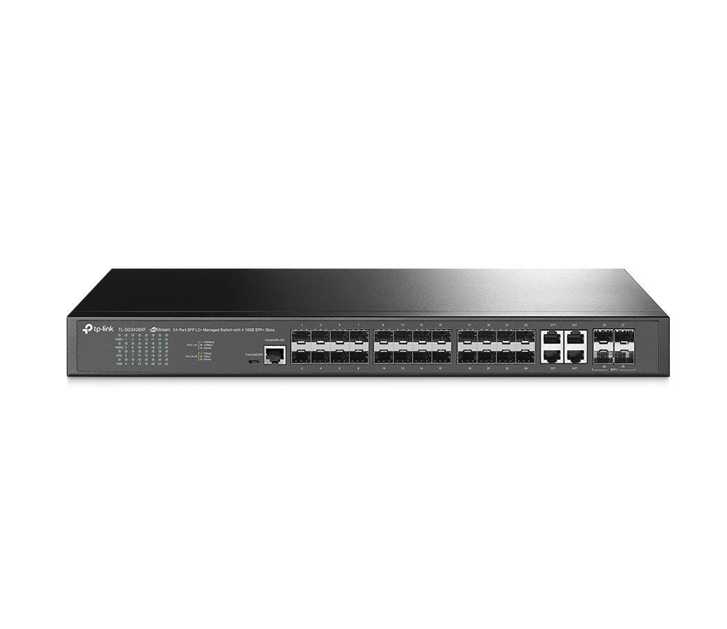 "JetStream™ 24-Port SFP L2+ Managed Switch with 4 10GE SFP+ Slots PORT: 20× Gigabit SFP Ports, 4× Gigabit SFP/RJ45 Combo Ports, 4× 10G SFP+ Slots, RJ45/Micro-USB Console Port SPEC: 1U 19-inch Rack-mountable Steel Case FEATURE: Integration with JetStream™ SDN Controller, Static Routing, OAM, sFlow