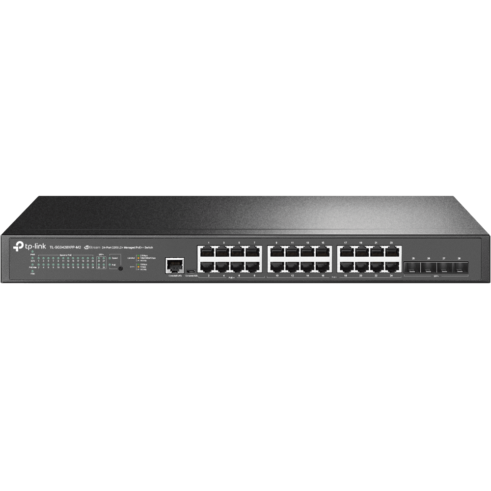 "JetStream™ 24-Port 2.5GBASE-T and 4-Port 10GE SFP+ L2+ Managed Switch with 16-Port PoE+ & 8-Port PoE++ PORT: 24× 2.5G RJ45 Ports (8× 2.5G PoE++ Ports & 16× 2.5G PoE+ Ports), 4× 10G SFP+ Slots, RJ45/Micro-USB Console Port SPEC: 802.3bt/at/af, 500 W PoE Power, 1U 19-inch Rack-mountable Steel Case