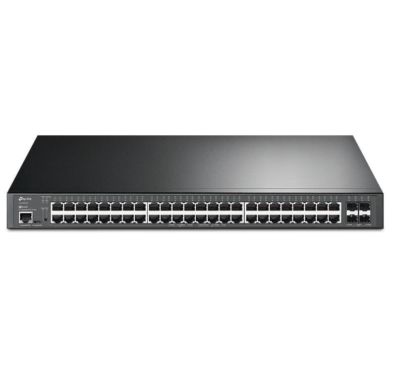 "JetStream™ 48-Port Gigabit and 4-Port 10GE SFP+ L2+ Managed Switch with 48-Port PoE+ PORT: 48× Gigabit PoE+ Ports, 4× 10G SFP+ Slots, RJ45/Micro-USB Console Port SPEC: 802.3at/af, 500 W PoE Power, 1U 19-inch Rack-mountable Steel Case FEATURE: Integration with JetStream™ SDN Controller,Static