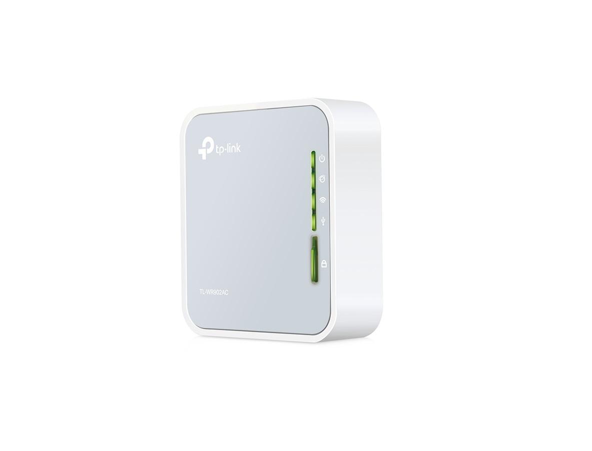 TP-LINK AC750 Wireless Travel Router, TL-WR902AC, IEEE 802.11ac/n/a5GHz ,IEEE 802.11b/g/n 2.4GHz, 2.4GHz and 5GHz, 5GHz: Up to 433Mbps(Onlywith11AC Wireless Adapter); Up to 150Mbps with 11N Wireless Adapter2.4GHz:Up to 300Mbps, 1* 10/100Mbps WAN/LAN Port, 1* USB 2.0 Port, 1*ModeSwitch, 1* Reset