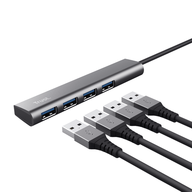 HUB USB Trust Halyx, USB-A la 4 x USB-A 3.2 Gen 1, dimensiune cablu 10cm, din aluminiu, argintiu
