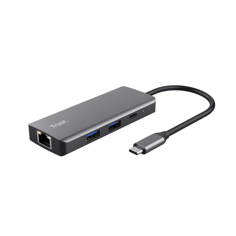 Adaptor Trust Dalyx 6-1, 4 porturi USB, material rABS (ABS Copolymer) 98%, HDMI V 2.0 (3840*2160@60Hz, 1080P@120HZ, Giga Lan (1Gbps, gri
