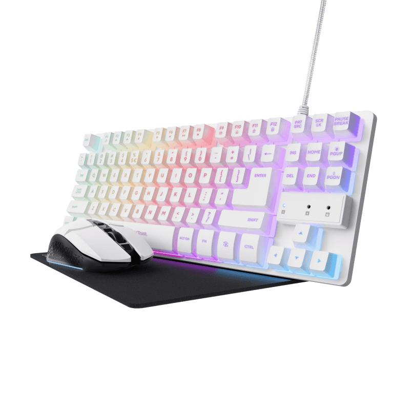 Kit Trust GXT 794W 3-in-1, kitul include: tastatura gaming, mouse cu fir gaming, mousepad, cablu USB-A la USB-C de 1m, USB micro receiver.