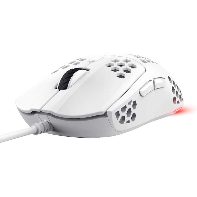 Mouse cu fir Trust GXT 928W Helox, rezolutie maxima 6400 DPI, 6 butoane, interfata USB-A, alb