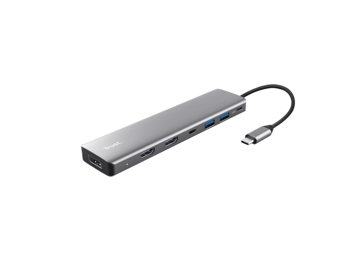 Adaptor Trust Dalyx 7-in-1, 2 porturi interfata USB-A 3.2 gen 1, 1 port USB-C, 2 porturi HDMI, 1 display port, 1 charging port USB-C 100W, led indicator oprit/pornit, lungime cablu 16cm, gri
