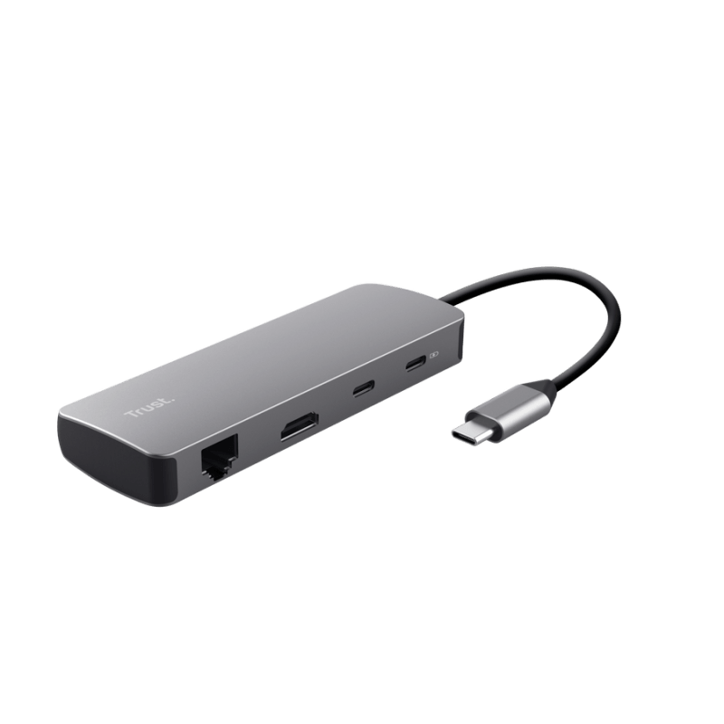 Adaptor Trust Dalyx 8 in 1, USB 3.2 gen 1, 2.0, lungime cablu 15cm, port Ethernet, gri