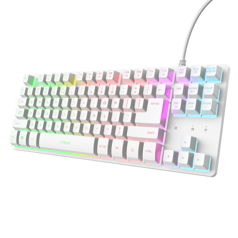 Tastatura Trust cu fir GXT833W Thado TKL, numar butoane 87, interfata USB 2.0, conector USB-A male, compatibila cu PS4, Xbox One, Nintendo Switch, PS5, alb