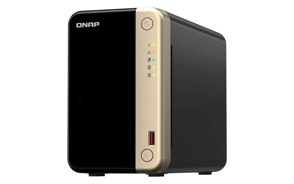 NAS QNAP 264 2-Bay, CPU Intel Celeron N5105/N5095 4-core/4-thread Processor, RAM 8 GB DDR4 (onboard, not expandable), HDD 2 x 2.5"/3.5" SATA 6Gbps + 2 x M.2 2280 PCIe Gen 3 x1 SSD slots (neincluse), LAN: 2 x 2.5GbE (optional 10GbE expansion via a PCIe card), USB3.2 Gen2: 2 x Type-A USB2.0: 2, tower