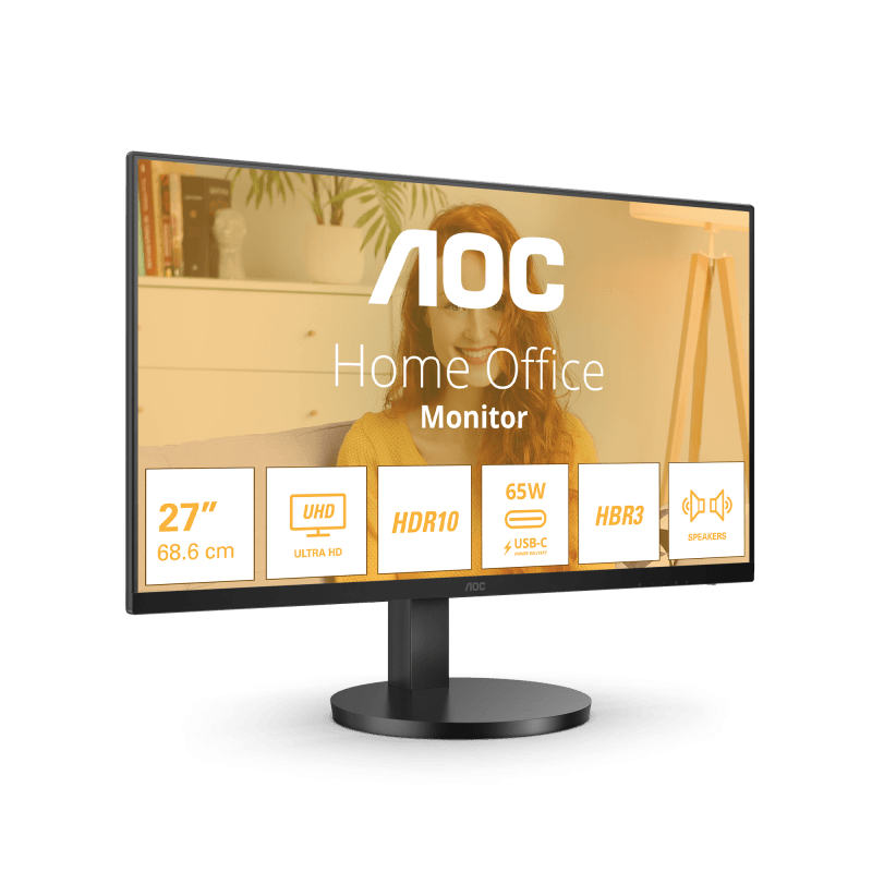 Monitor AOC 27" U27B3CF, Diagonal (inch): 27, Diagonal (cm): 69, Aspect ratio: 16:9, Panel: IPS, Resolution: 3840x2160, Refresh Rate: 60Hz, Response time GtG: 4ms, Brightness (max): 350 cd/m², Contrast (static) : 1000:1, Contrast (dynamic): 20M:1, Viewing angle: 178/178, Colours: 16.7M, VESA