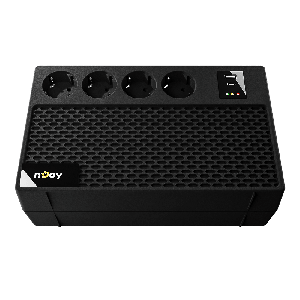 UPS nJoy Renton 650 Plus, 650VA / 360W, 4x prize Schuko conectate la baterie, 1x port incarcare USB Tip C 33W, 1x port de incarcare USB Tip A 18W, fara display LCD, tensiune nominala de intrare 230V  Caracteristici Stabilizator (AVR) de tip Boost and Buck Functie auto-restart la revenirea tensiunii
