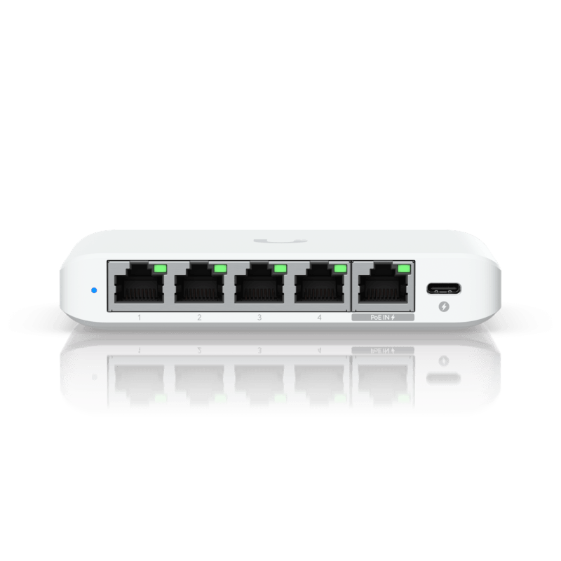 Ubiquiti USW-Flex-2.5G-5, 5 porturi RJ45 1/2.5 GbE, capacitate 25 Gbps, 1 adaptor de alimentare AC, 5V DC, 1A, 1 PoE (PairA 1, 2+; 3, 6-)(PairB 4, 5+; 7, 8-), dimensiuni 117.1 x 90 x 21.2 mm (4.6 x 3.5 x 0.8")