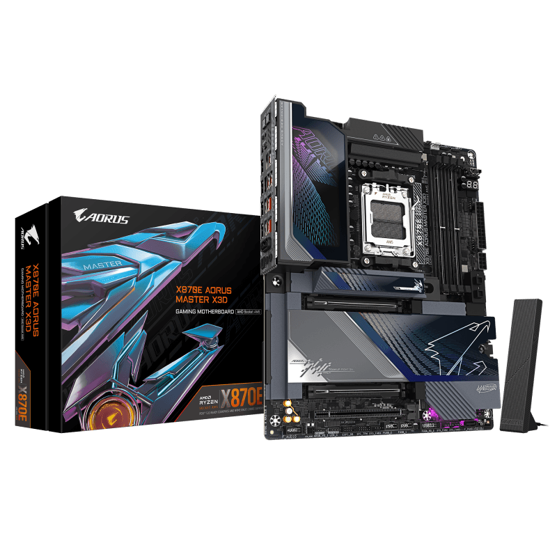 GIGABYTE X870E AORUS MASTER X3D. Processor manufacturer: AMD, Processor socket: Socket AM5, Compatible processor series: AMD Ryzen 7000 Series, AMD Ryzen 8000 Series, AMD Ryzen 9000 Series. Supported memory types: DDR5-SDRAM, Maximum internal memory: 256 GB, Memory slots type: DIMM. Supported