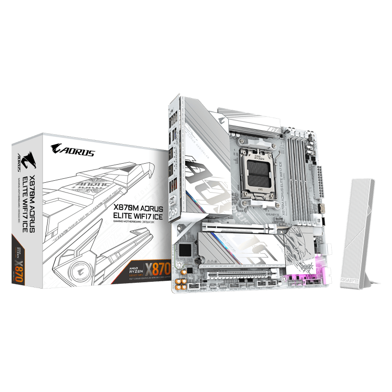 GIGABYTE X870M AORUS ELITE WIFI7 ICE. Processor manufacturer: AMD, Processor socket: Socket AM5, Compatible processor series: AMD Ryzen 7000 Series, AMD Ryzen 8000 Series, AMD Ryzen 9000 Series. Supported memory types: DDR5-SDRAM, Maximum internal memory: 256 GB, Memory slots type: DIMM. Supported
