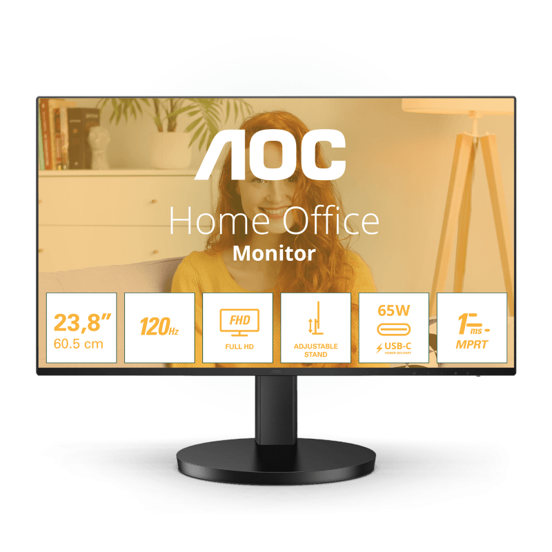 Monitor AOC 23.8" 24B3CF2, Diagonal (inch): 23.8, Diagonal (cm): 60, Aspect ratio: 16:9, Panel: IPS, Resolution: 1920x1080, Refresh Rate: 120Hz, Response time GtG: 4ms, Response time MPRT: 1ms, Brightness (max): 300 cd/m², Contrast (static) : 1500:1, Contrast (dynamic): 20M:1, Viewing angle