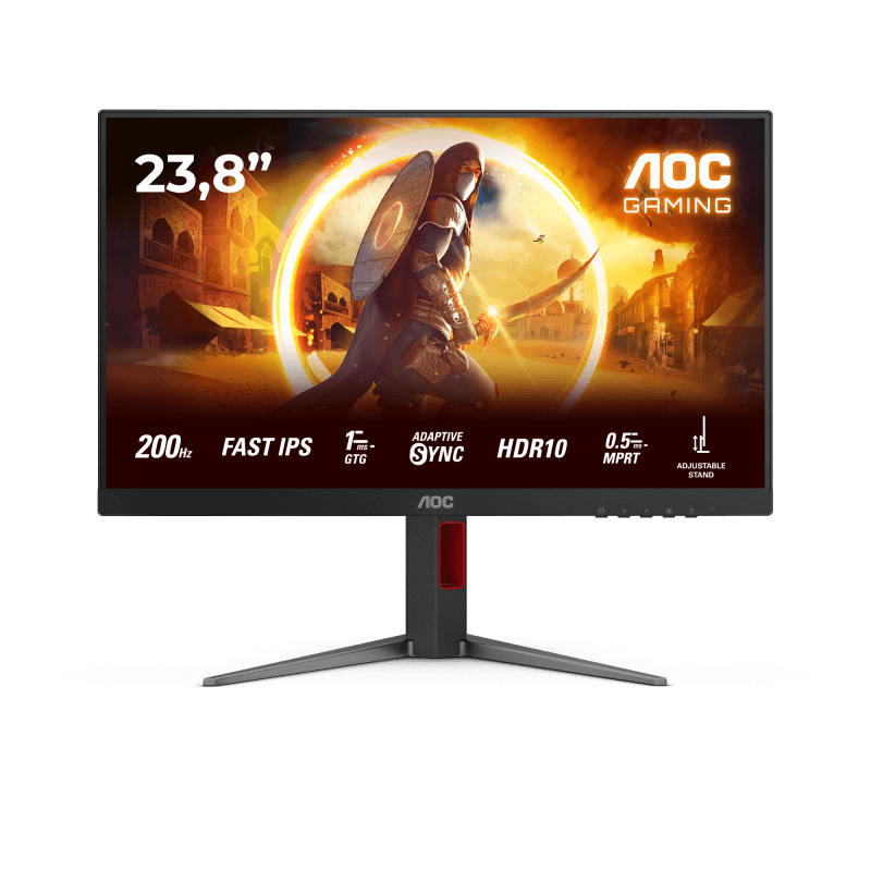 Monitor AOC 23.8" 24G4HA, Diagonal (inch): 23.8, Diagonal (cm): 60, Aspect ratio: 16:9, Panel: Fast IPS, Resolution: 1920x1080, Refresh Rate: 200Hz, Response time GtG: 1ms, Response time MPRT: 0.5ms, Brightness (max): 300 cd/m², Contrast (static) : 1000:1, Contrast (dynamic): 80M:1, Viewing angle