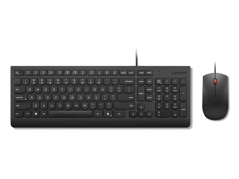 Lenovo Essential Wired Combo Black US Euro. Keyboard form factor: Full-size (100%), Connectivity technology: Wired, Device interface: USB. Cable length: 1.8 m. Recommended usage: Universal. Product colour: Black. Mouse included