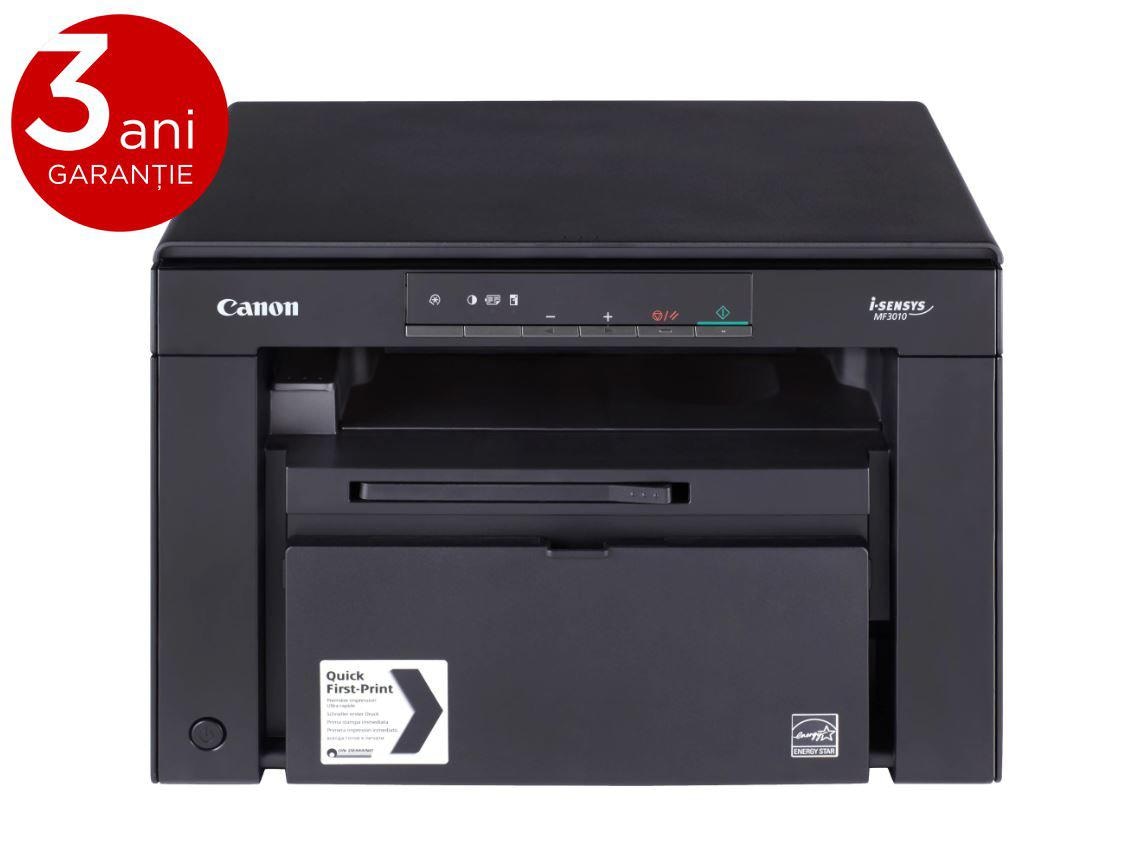 Multifunctional laser mono Canon MF3010 + 2X CRG725 incluse in pachet,dimensiune A4 (Printare, Copiere, Scanare), viteza 18ppm, rezolutie max1200x600dpi, memorie 64MB RAM, alimentare hartie 150 coli, limbaj deprintare UFRII-LT, scan: flatbed, color, max 600dpi, copy : max 18cpm,600x600dpi , max 9