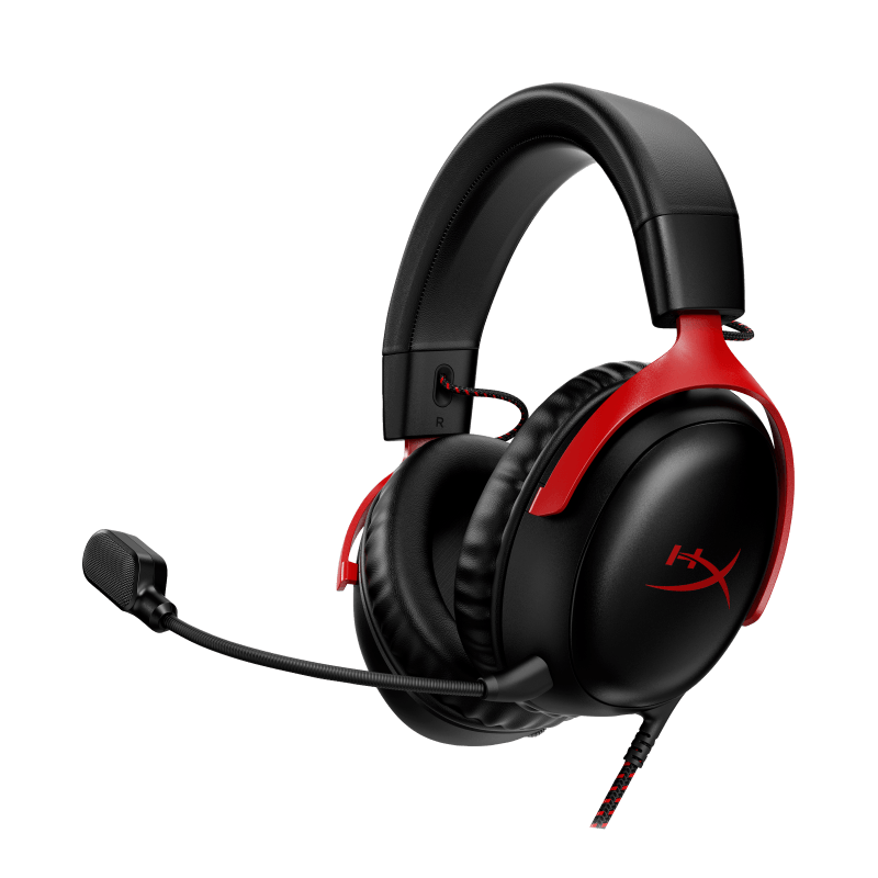 Casti gaming HyperX Cloud III Black-Red, DTS Headphone:X Spatial Audio, drivere 53mm, microfon detasabil cu metal mesh, noise cancelling si indicator LED, jack 3,5mm/USB-C/USB-A, cupe cu spuma cu memorie, multiplatforma, negru-rosu