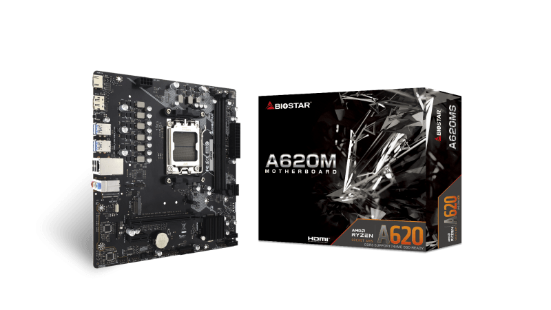 Biostar A620MS. Processor manufacturer: AMD, Processor socket: Socket AM5, Compatible processor series: AMD Ryzen 7000 Series, AMD Ryzen 8000 Series, AMD Ryzen 9000 Series. Supported memory types: DDR5-SDRAM, Maximum internal memory: 128 GB, Memory slots type: DIMM. Supported storage drive